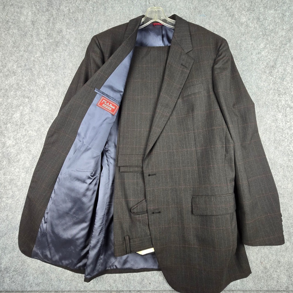 Jos. A. Bank Suit Mens 46R 36W Brown Windowpane Executive Pleated Two-Button